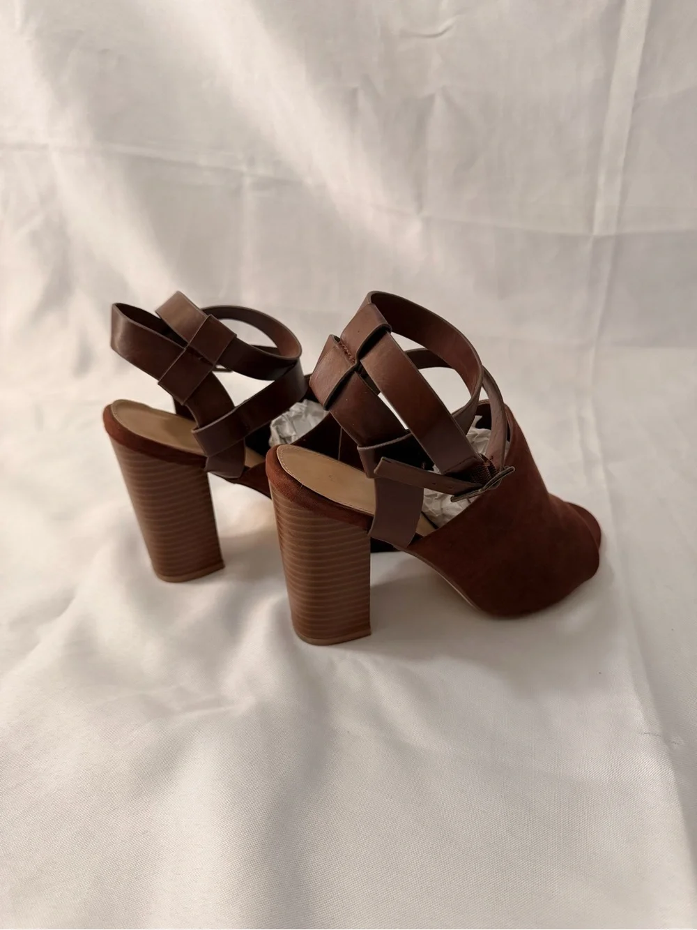 Shoe Dazzle Ella Cognac Brown Suede Block Heel Sandals